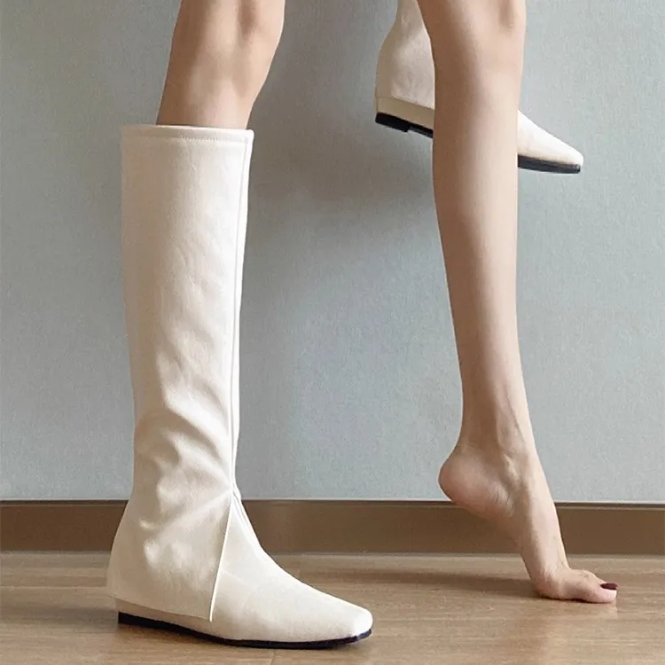 牛皮版~靴子女新款时尚简约风米白色褶皱拉链长筒瘦瘦靴