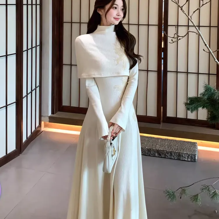 Huangzuozuo小个子套头披肩+针织连衣裙优雅气质套装冬季女两件套