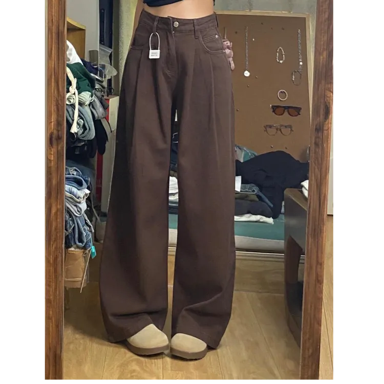 小个子美式咖色设计感褶皱阔腿牛仔裤女秋季高腰宽松直筒拖地裤子