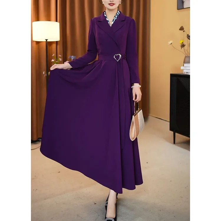 2025秋新款长袖大摆长裙连衣裙西装领典雅紫5685#