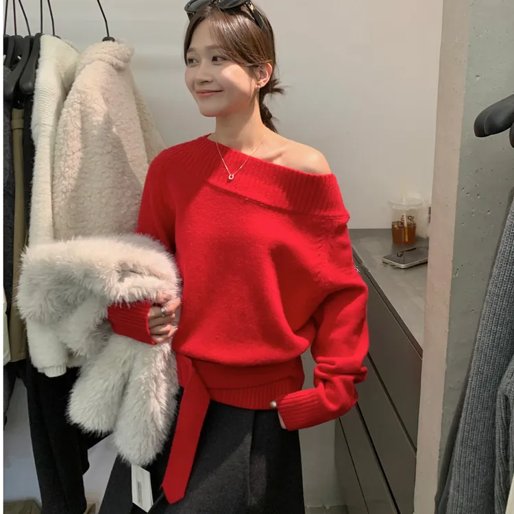 气质一字领斜肩两穿百搭款保暖毛衣女冬季加厚保暖针织上衣