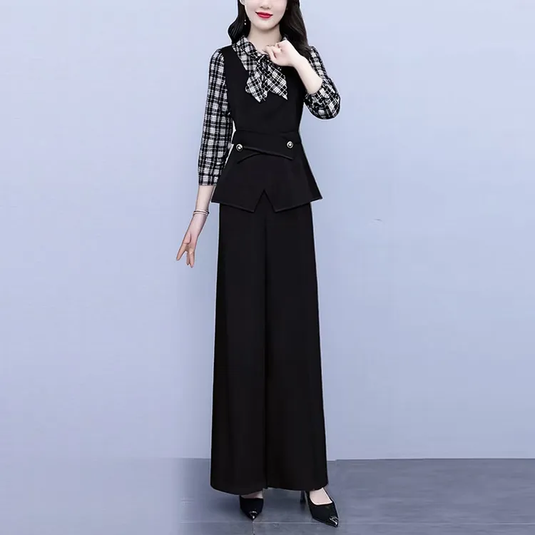 2025秋季新款时尚套装女气质显瘦格子拼接修身女神范阔腿裤两件套
