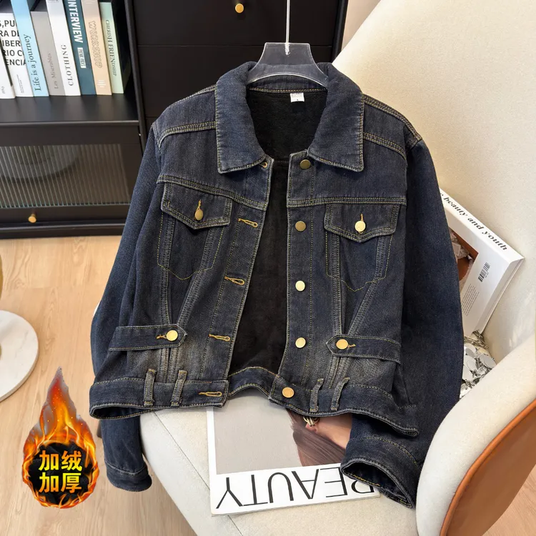 冬季新款加绒加厚牛仔外套收腰设计显瘦时髦百搭上衣宽松时尚休闲
