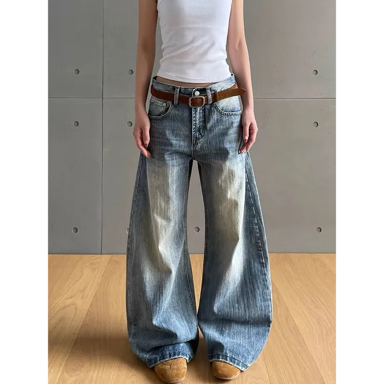 高街复古水洗弯刀牛仔裤女夏竹节纹宽松百搭显瘦高腰阔腿拖地裤子