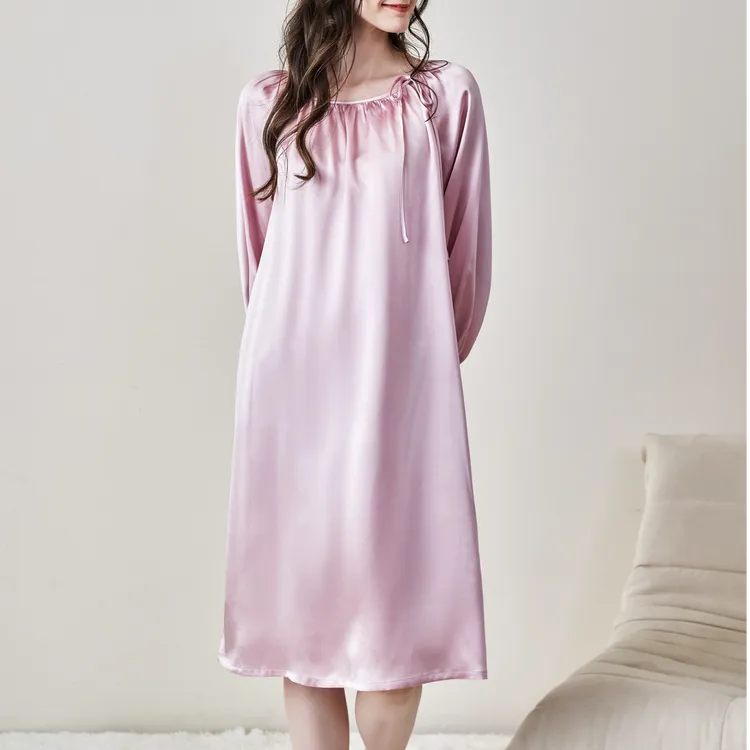 真丝可外穿连衣裙桑蚕丝大码女夏季中长款家居服纯色真丝睡衣睡裙