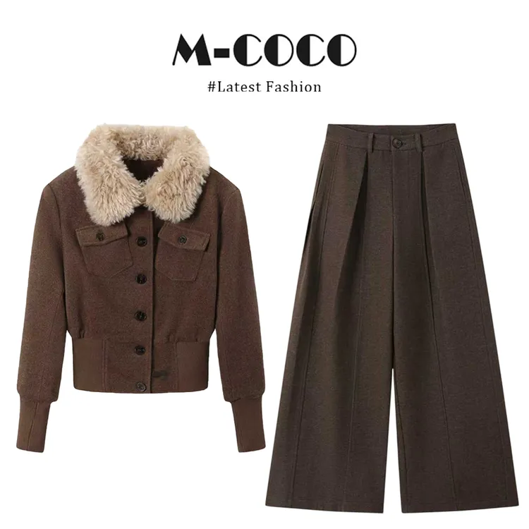 VASI 韩系美拉德毛绒翻领短外套收腰上衣直筒阔腿裤冬季时尚套装