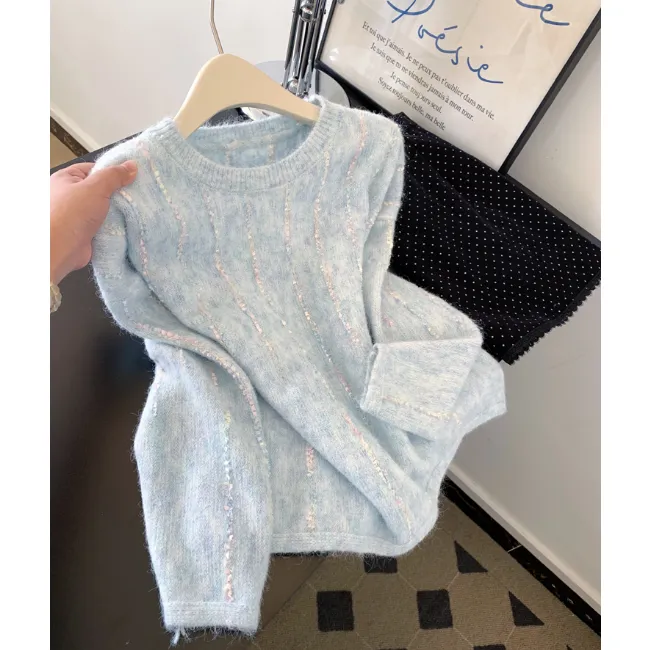 韩系软糯圆领蓝色针织毛衣女秋冬新款漂亮减龄内搭打底超好看上衣