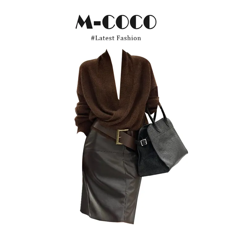 INS CEC秋日一整套穿搭慵懒风毛衣针织开衫皮裙半身裙时尚套装