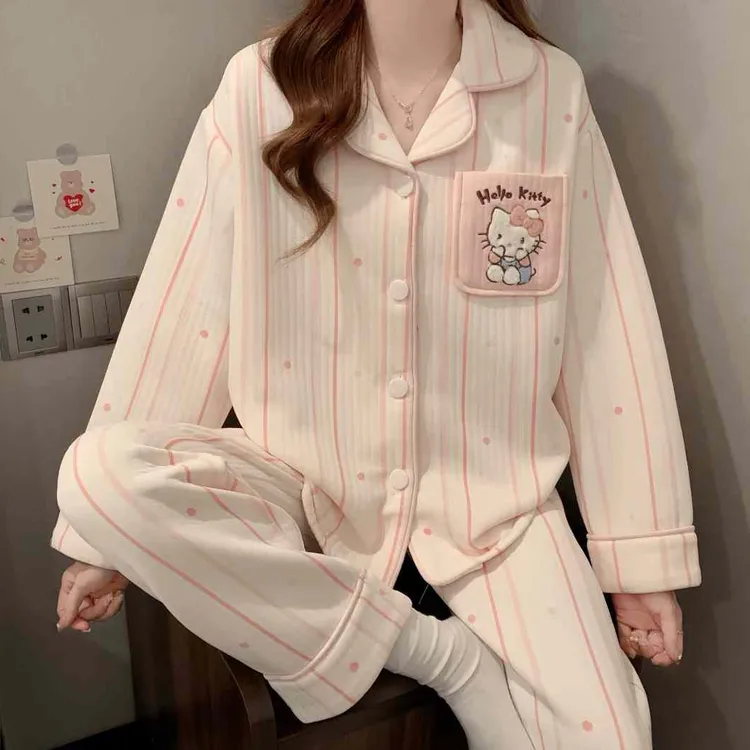 睡衣秋冬款女空气夹层卡通可爱可外穿冬季加棉加厚长袖家居服套装