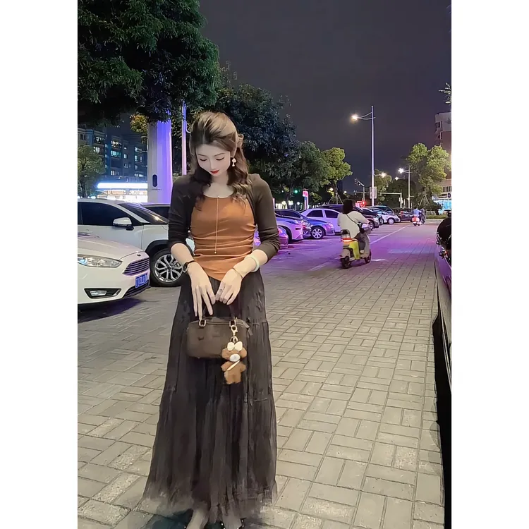 涵儿家 秋冬不规则撞色拼接收腰上衣VS松紧腰网纱褶皱A字半裙5506