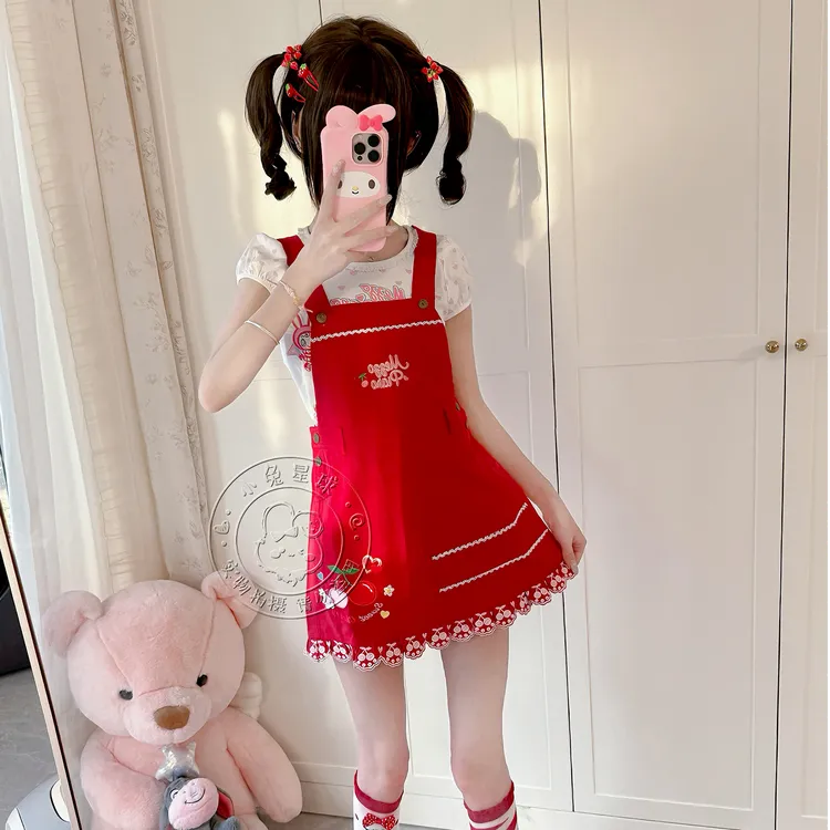 【小兔星球】MP复刻樱桃红色显白背心裙重工刺绣软妹女儿服日系中古