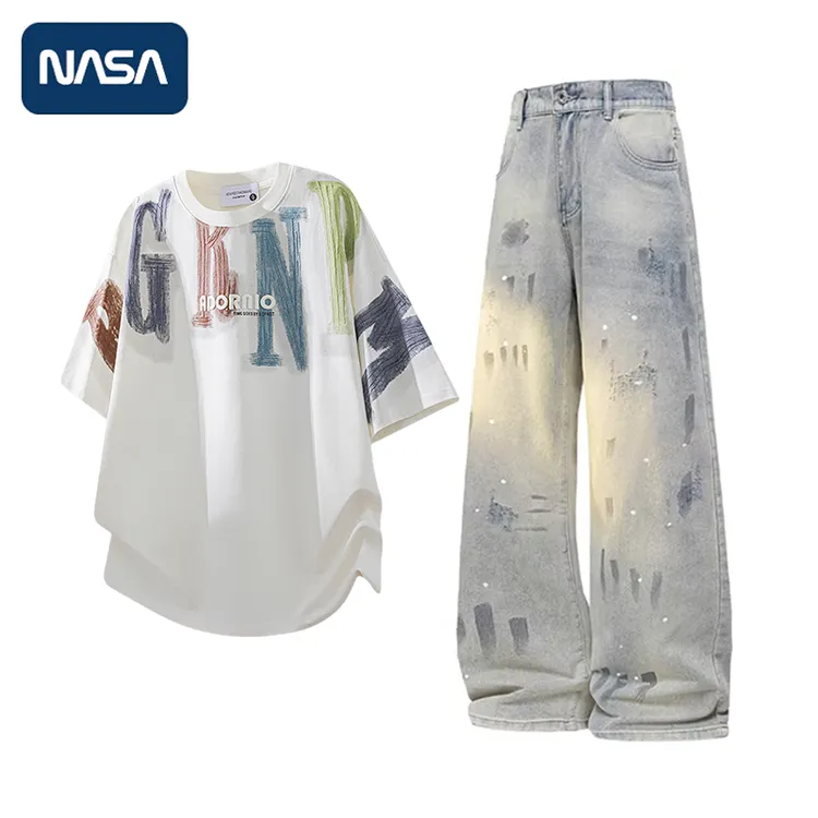 NASA字母印花短袖配牛仔裤两件套男士春夏季美式潮流时尚痞帅套装