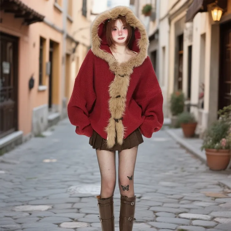 韩系慵懒风毛领连帽毛衣女秋冬圣诞穿搭新年红色气质百搭针织开衫