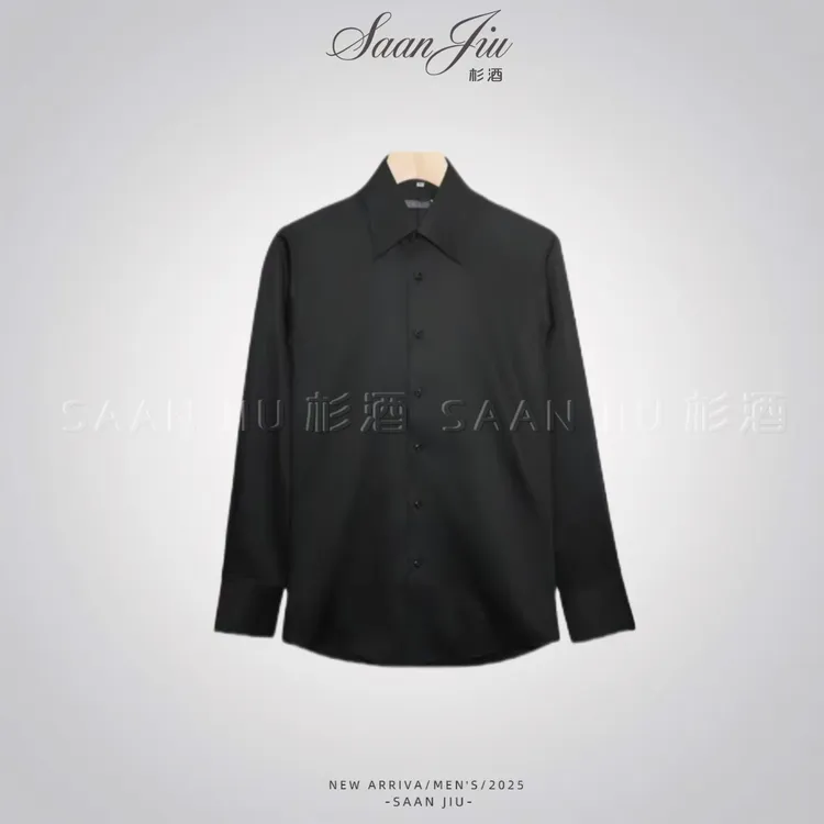 杉酒SJ男士【英式大尖领】100%天然长绒棉色丁修身长袖衬衫商务衬衫