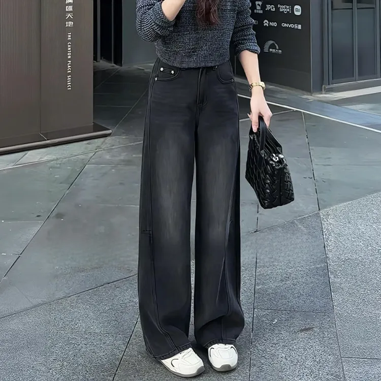 黑色潮流加绒弯刀牛仔裤女秋冬季2025新款高腰显瘦宽松休闲弯刀裤