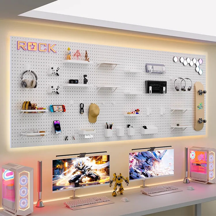16孔距电竞房免打孔洞洞板配件通用挂钩网篮塑料收纳盒上墙置物架