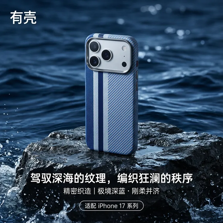 深蓝极境 | 超薄防摔碳纤维纹适用凯夫拉苹果17系列全包手机壳