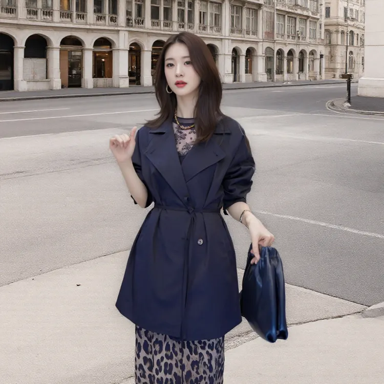 休闲时尚黑色风衣外套舒适大衣中款收腰秋季风衣显瘦短款气质百搭