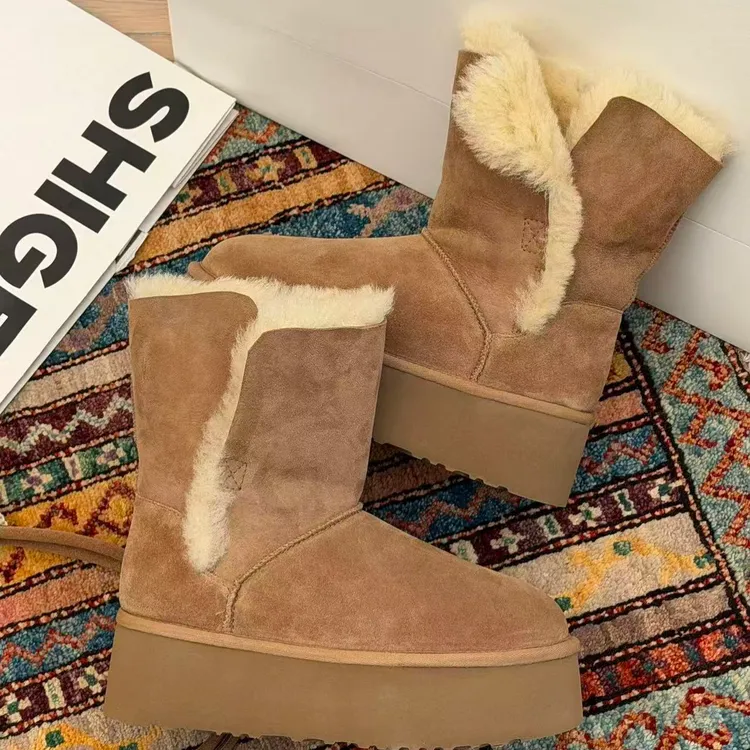 诗歌兰女2025新款厚底大棉翻盖雪地靴冬季加绒保暖毛绒棉鞋77092