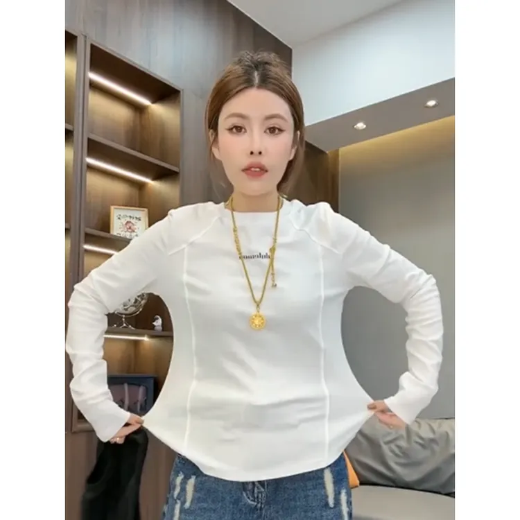 欧货秋季新款时尚纯色字母蚂蚁腰长袖T恤女收腰鱼骨线设计感上衣