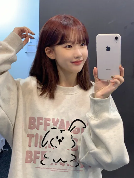 美式复古高街潮牌hiphop圆领卫衣女春秋oversize宽松慵懒风印花