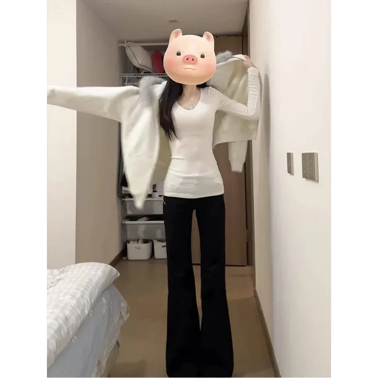 白色v领美式长袖t恤女秋冬基础款内搭修身加长打底衫春季百搭上衣