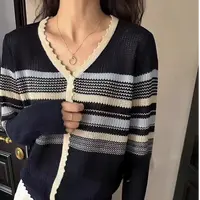 【例畔精选】秋季时尚花边V领撞色条纹洋气百搭针织开衫A895#