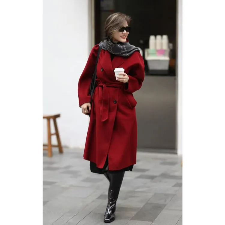 VCOS红色双面羊绒高奢经典中长款大衣