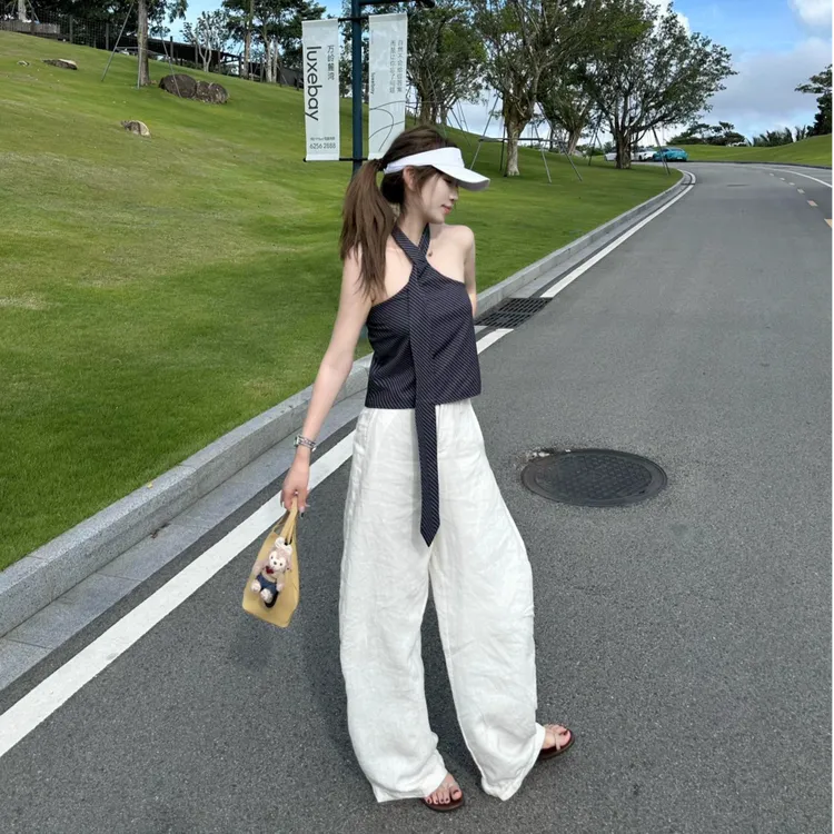 韩版chic百搭条纹挂脖式吊带背心女夏露背设计感泰式无袖背心上衣