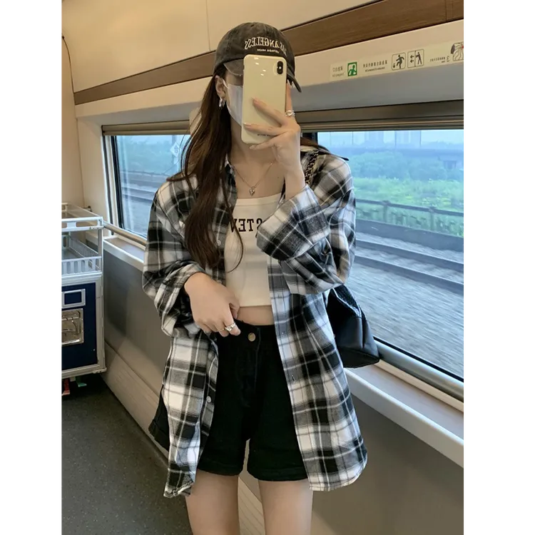 韩系慵懒风格子衬衫女秋季新款宽松百搭休闲设计感时尚衬衣潮小众