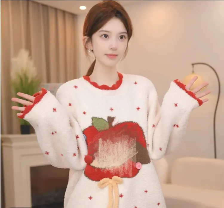 板栗小姐【幸运果】2025冬季长袖甜美软绵绵半边绒睡衣套装可外穿