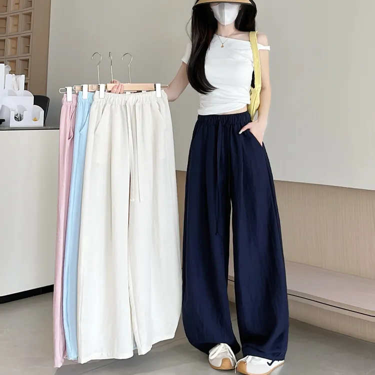【现货运险】夏季时尚百搭阔腿裤女高腰抽绳松紧腰简约弯刀休闲裤D