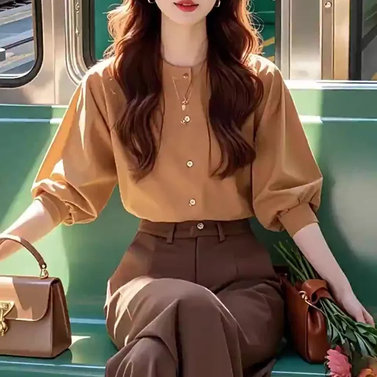 春夏小香风套装女搭配一整套正式场合日常通勤浅咖色衬衫+阔腿裤