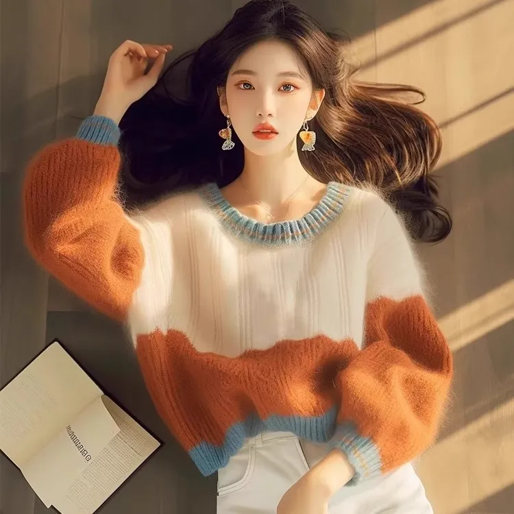 MISU/糜素橘色拼接撞色针织衫毛衣女秋冬韩系小众设计感软糯圆领