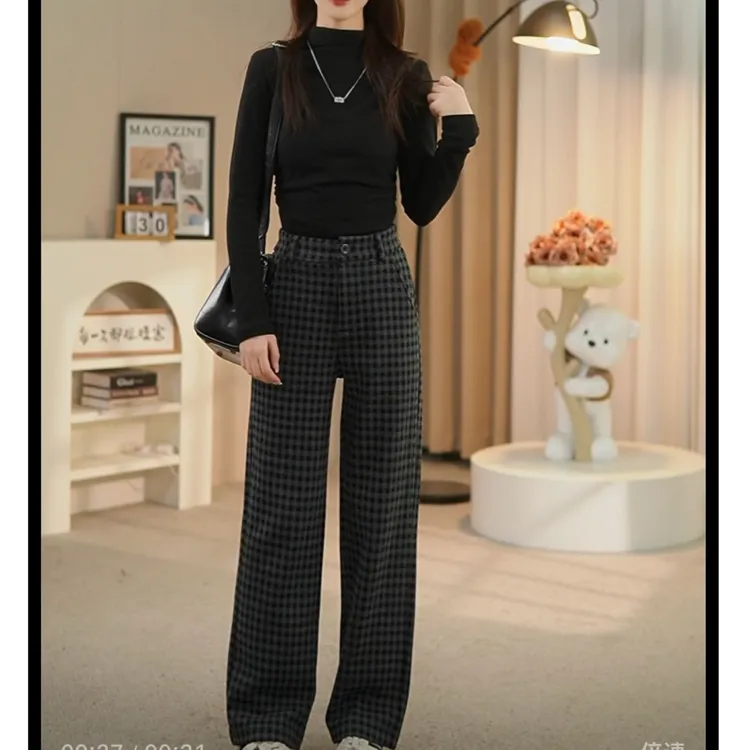 秋冬小个子棋盘格显瘦高腰宽松百搭加厚外穿裤子格纹