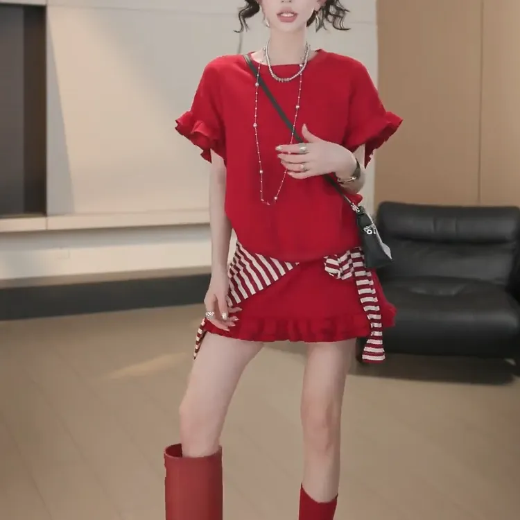 甜美蛋糕花边短袖T恤减龄套装女2025年夏季新款高腰半身裙两件套