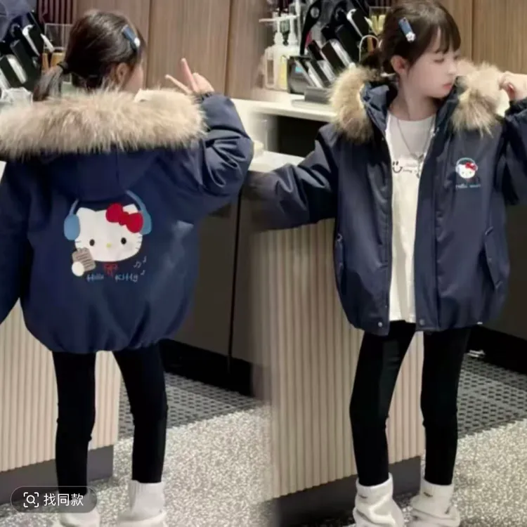 (真毛领）女童秋冬连帽毛领上衣新款儿童卡通凯蒂猫加绒派克服
