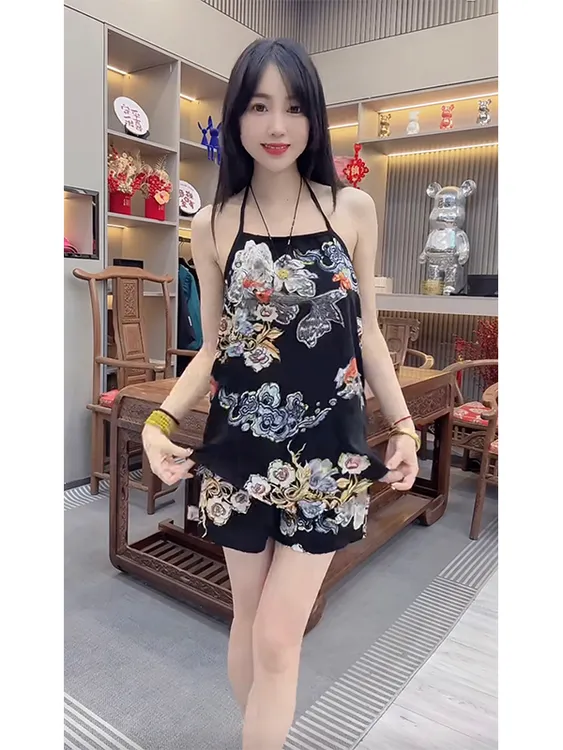 国风复古缎面印花系带挂脖吊带背心女肚兜兜短裤两件套睡衣家居服