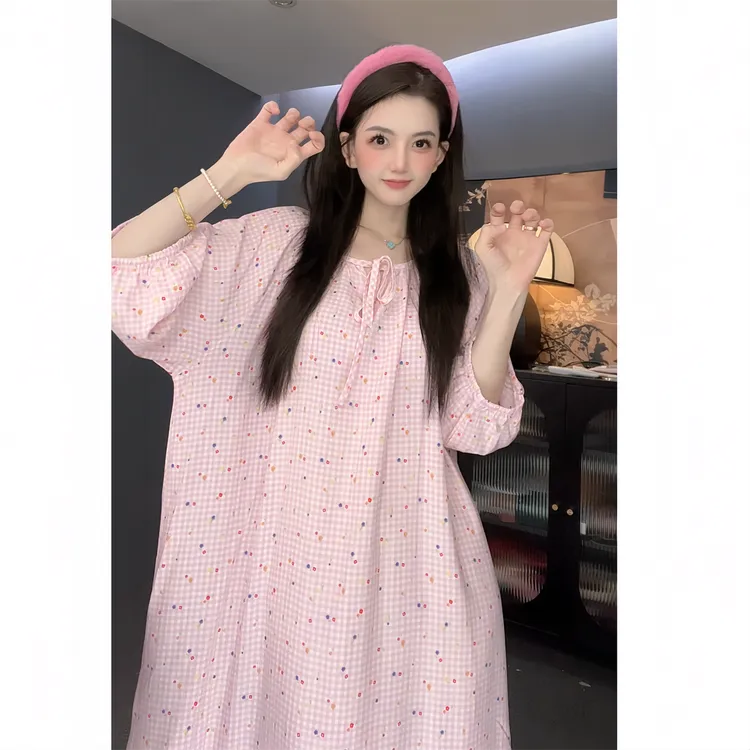 棉绸中袖睡裙人造棉家居裙外出裙休闲宽松舒适