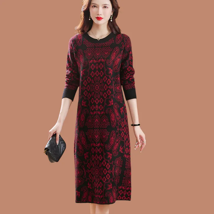 恒源祥集团彩羊针织连衣裙女中长款印花毛衣裙显瘦大码休闲打底裙