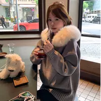 貂雀鸟灰色大毛领毛衣外套女秋季小众双拉链休闲宽松短款针织开衫