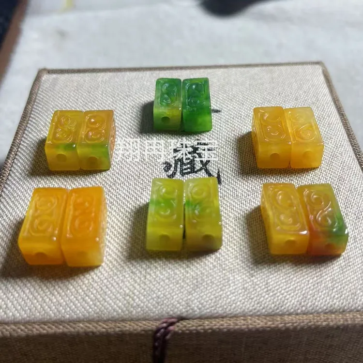 方珠桶珠精雕祥云复古方块黄翡色路路通勒子通孔DIY配配珠配饰