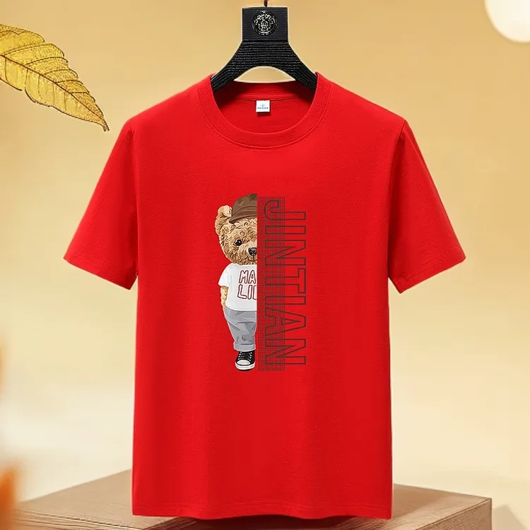 夏季克纯棉百搭印花T恤男式男士宽松潮圆领半袖潮流简约薄款
