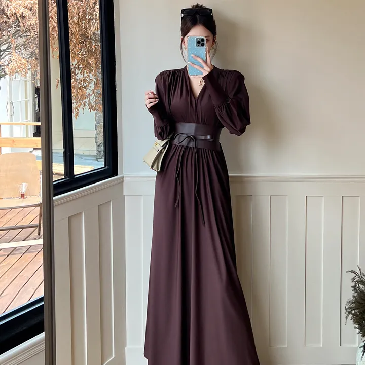 晚礼服轻奢高级感深V褶皱收腰长袖A字连衣裙长裙名人宴会年会晚装