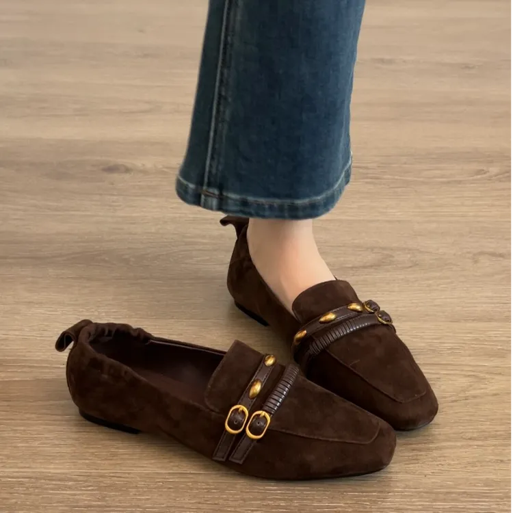 羊皮版~老钱风乐福鞋女平底方头秋冬季时尚舒适复古一脚蹬豆豆鞋