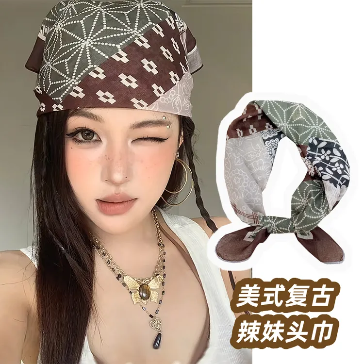 美式复古头巾女y2k千禧辣妹风多功能丝巾街舞嘻哈包头方巾配饰潮
