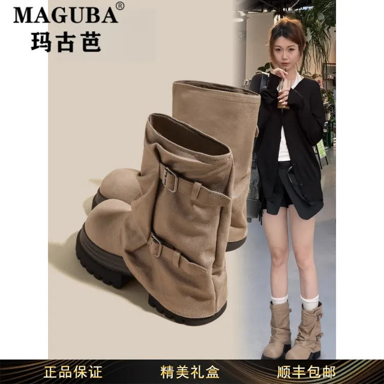 玛古芭女鞋厚底粗跟内增高马丁靴女新款秋冬皮带扣复古超高跟短靴