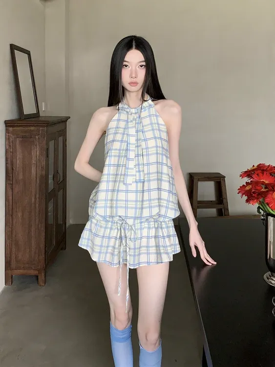 MOONSEE 韩系甜辣妹挂脖格子无袖连衣裙女高级感宽松背心裙子夏季
