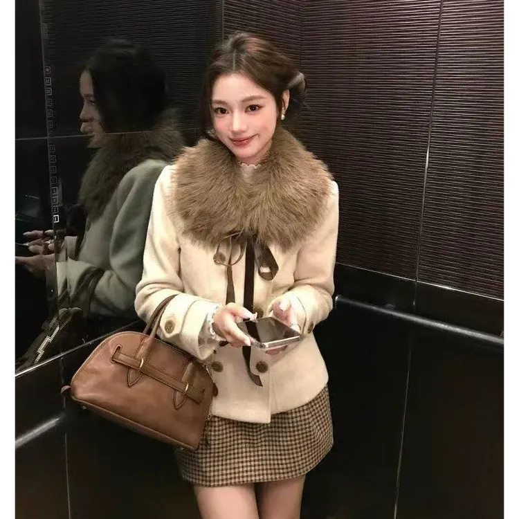 昭和千穗 日系古早感收腰双排扣毛呢外套秋冬保暖格纹半身裙套装