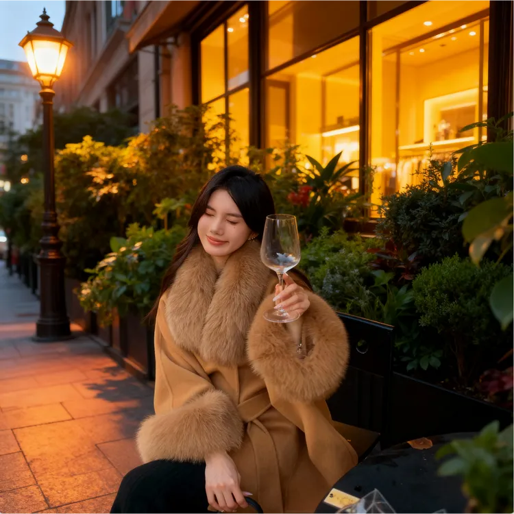 2025冬日摩洛哥系带双面羊绒大衣女高级感狐狸毛领羊毛呢斗篷外套